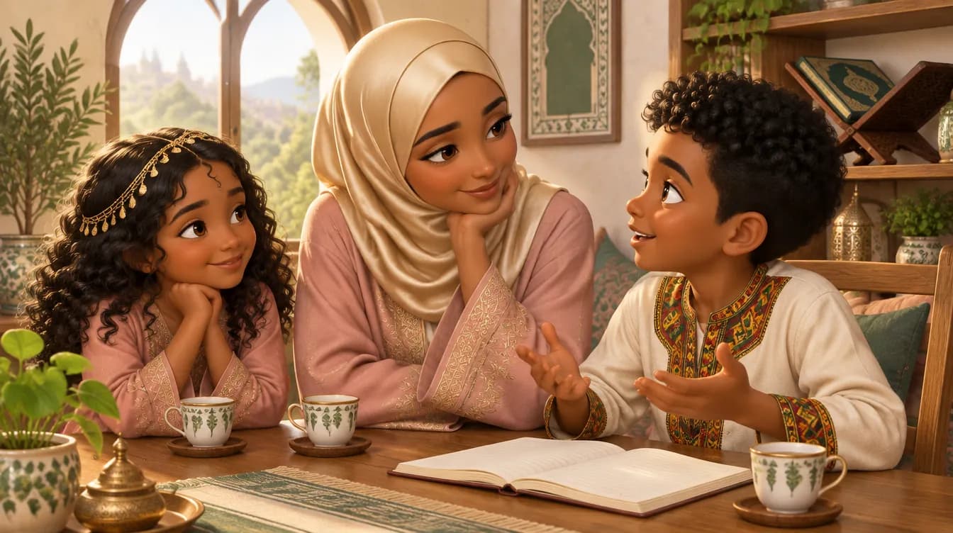 Illustration of a Muslim mother listening to her son at the kitchen table while her daughter looks on