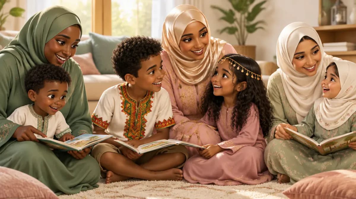 Illustration of Muslim mothers in hijab and their children reading together on a living-room rug
