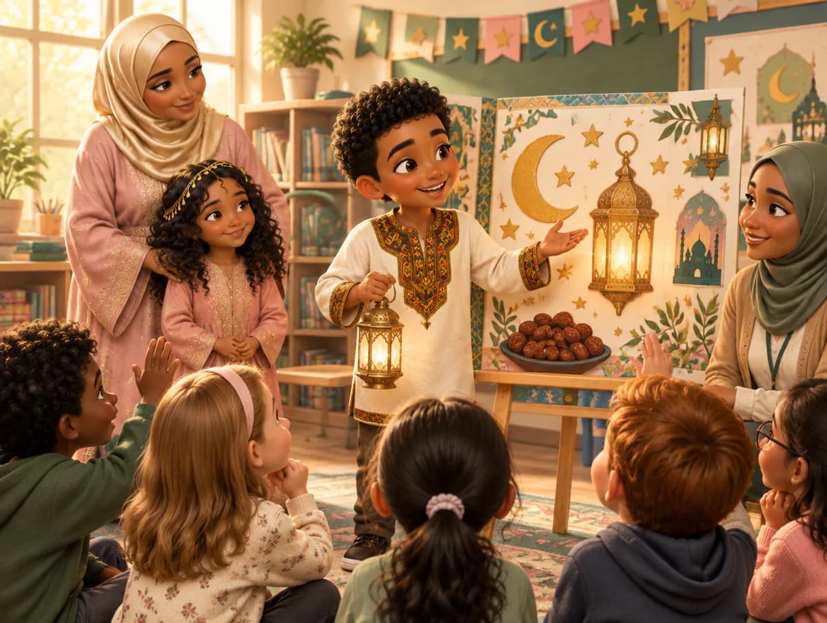 Illustration of a Muslim boy confidently presenting about Ramadan to his class while his mother and sister watch proudly.